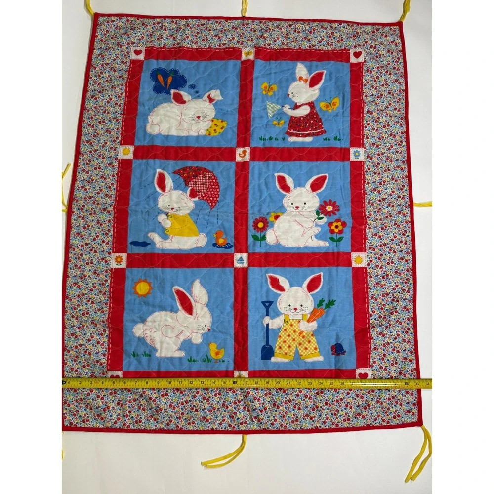 Vtg Bunny Quilt Blanket Crib Wall Hanging Applique Calico Floral Red Blue Ties